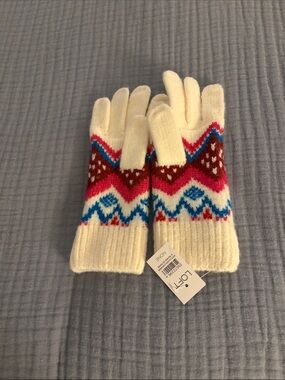 LOFT womens Cream Fair Isle Knit Mittens with Pink, Blue, and Brown Accents